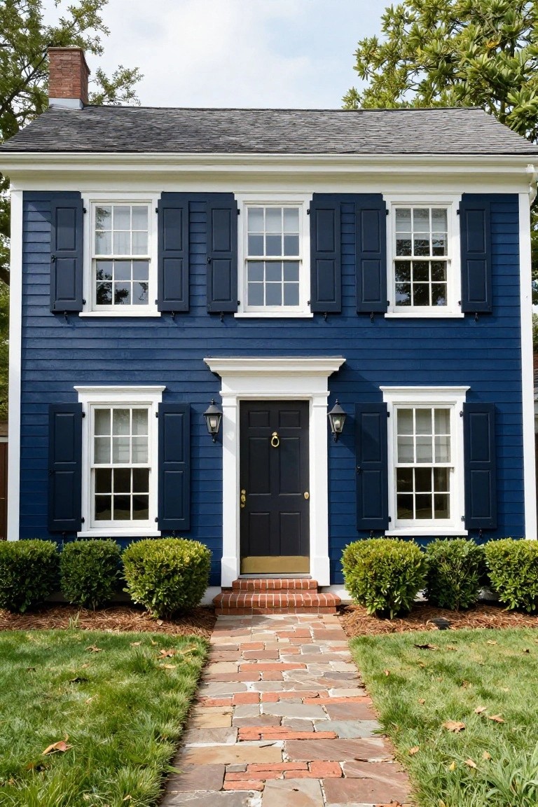 Two-story house painted navy blue with white trim on windows and eaves, black front door, lanterns on either side of entry, boxwood shrubs flanking the brick stoop, and a stone walkway through the grass.