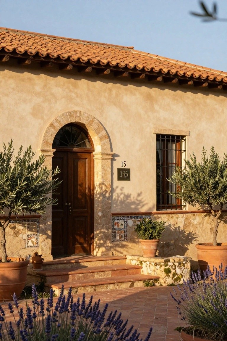 Pale stucco house exterior with terracotta tile roof, arched wooden double doors, small barred window, olive trees in terracotta pots, lavender plants, and stone steps leading to the entry.