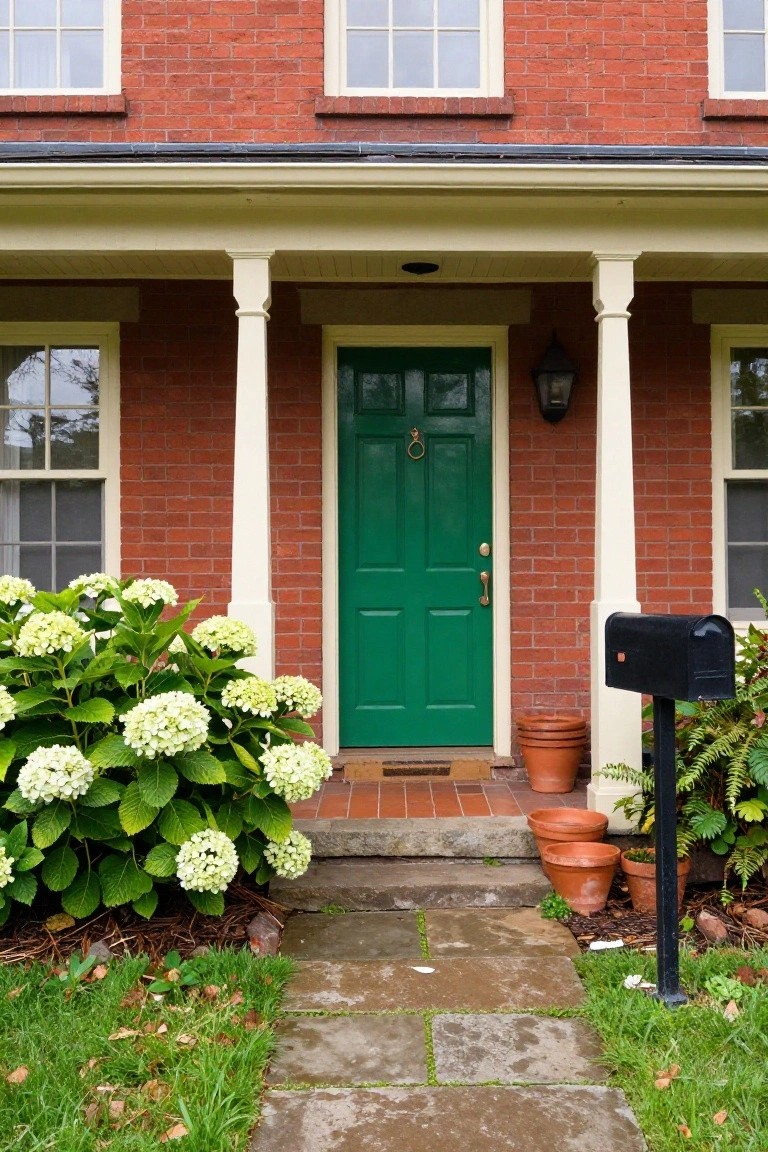 Red brick two-story house with white porch columns, glossy green front door, hydrangea bushes on one side, potted plants, black mailbox, and stone pathway leading to the entry.