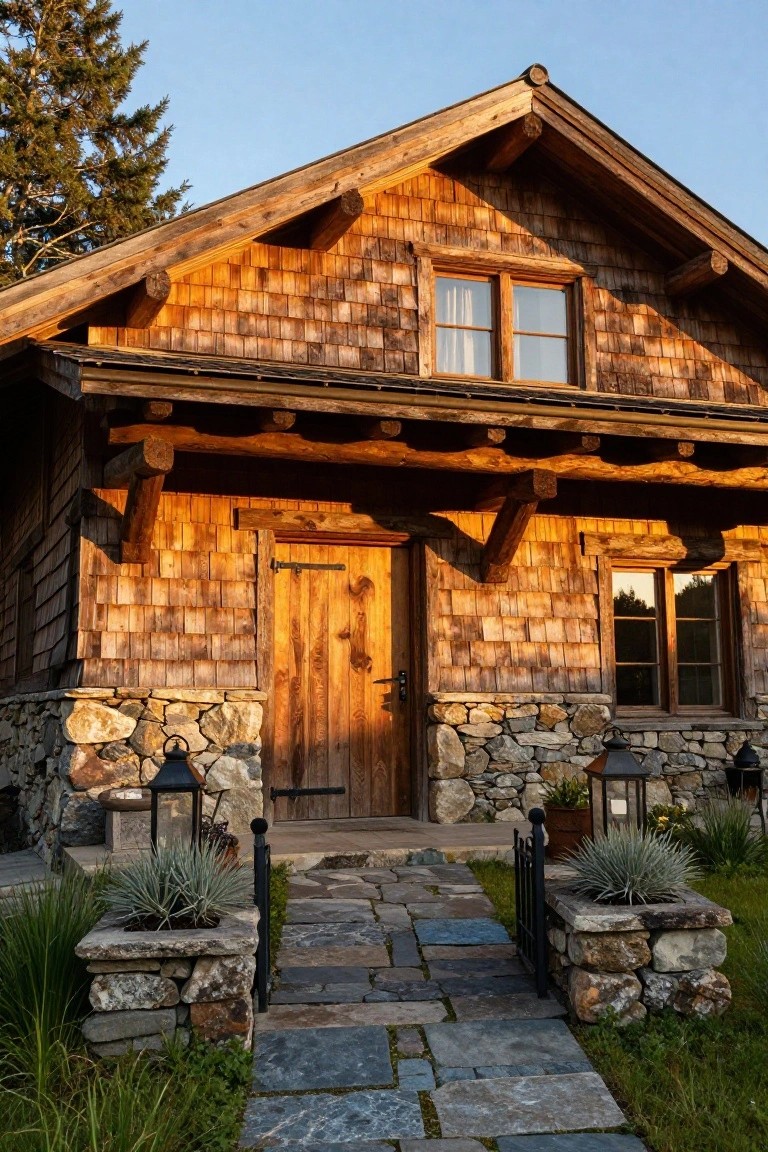 Wooden chalet house with cedar shingle siding on upper walls, stone foundation and accents, wooden front door, iron lanterns, and flagstone pathway with low plantings.