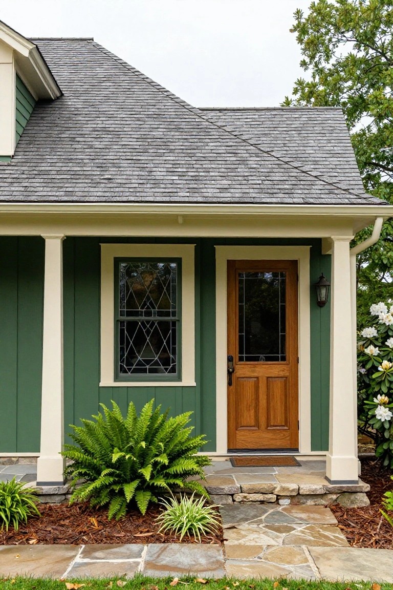 Sage Green Siding with White Trim