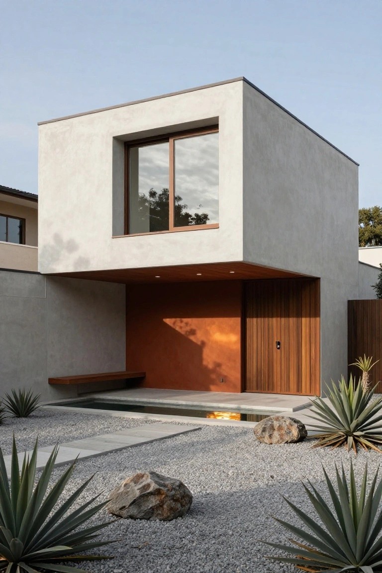 Modern boxy house with light beige stucco walls, overhanging wood-trimmed entry with vertical slat wooden door and bench, narrow water feature, gravel yard with agave plants and large rocks.
