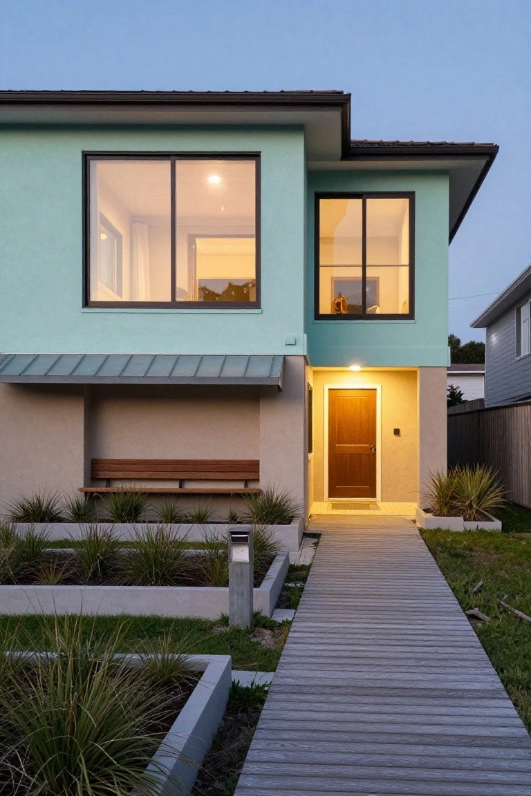 Two-story modern house with light teal upper walls, beige stucco lower entry area, wooden front door under metal awning, wooden walkway, grass and succulent plant beds, at dusk with interior lights on.