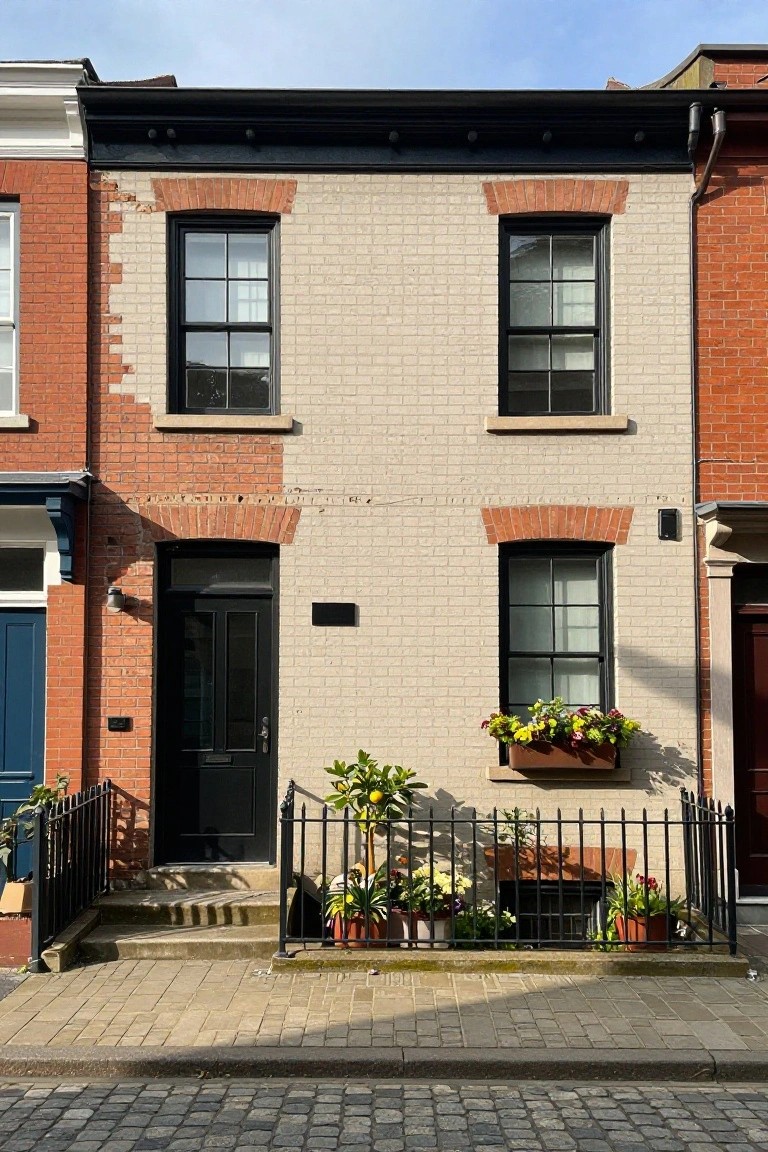 Narrow three-story townhouse with light beige brick body, red brick on corners and arches, black-framed double-hung windows and front door, black wall-mounted light, flower box, potted plants behind black iron fence, on cobblestone sidewalk between brick neighbors.