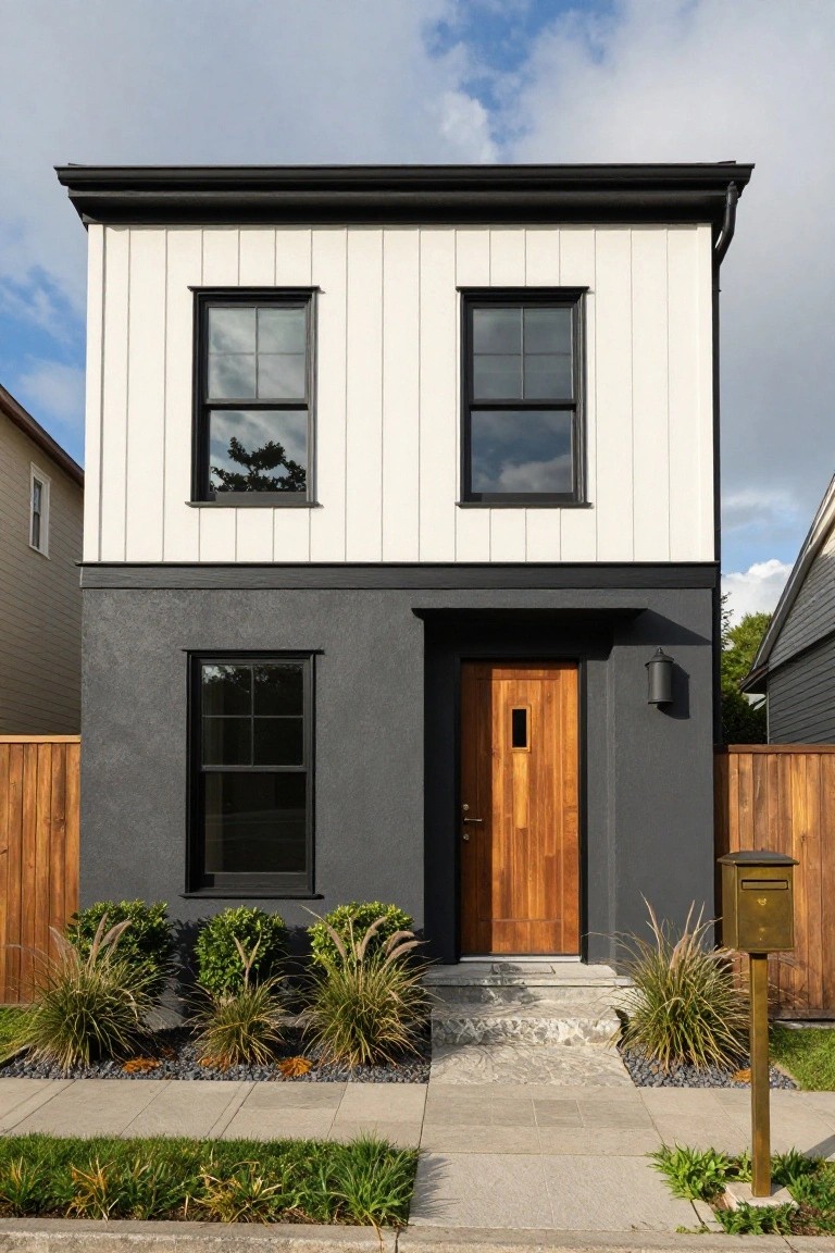 Front view of a two-story modern house with white board-and-batten siding on the upper level, dark gray stucco on the lower level and base, black window frames, wooden front door, low plants along the entry steps, and a brass mailbox on a concrete sidewalk.