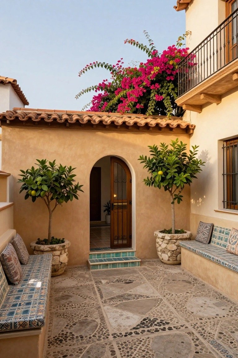 Beige stucco courtyard with arched wooden door flanked by potted lemon trees in stone pots, built-in blue-tiled benches on pebbled stone floor, terracotta tiled roof, and pink bougainvillea vines above.