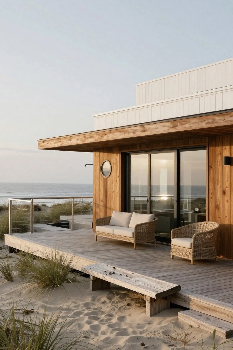 Beach house exterior with lower vertical cedar wood cladding, upper white horizontal panels, large sliding glass doors, outdoor shower, rattan furniture on wooden deck, sand dunes, sea grass, and ocean view.