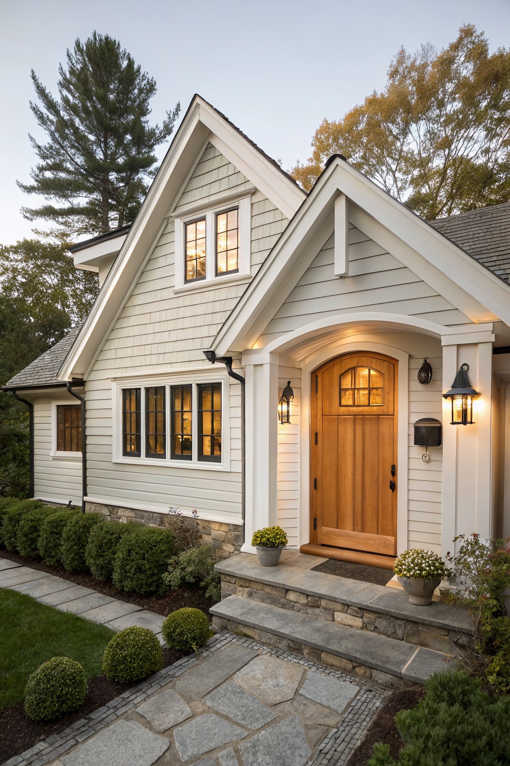 Light gray shingle house exterior with gabled roofline, white trim, arched wooden front door with glass panels, wall lanterns, stone entry steps, pathway, shrubs, and trees.
