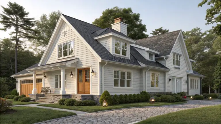 Light gray shingle house exterior with gabled roofline, white trim, arched wooden front door with glass panels, wall lanterns, stone entry steps, pathway, shrubs, and trees.