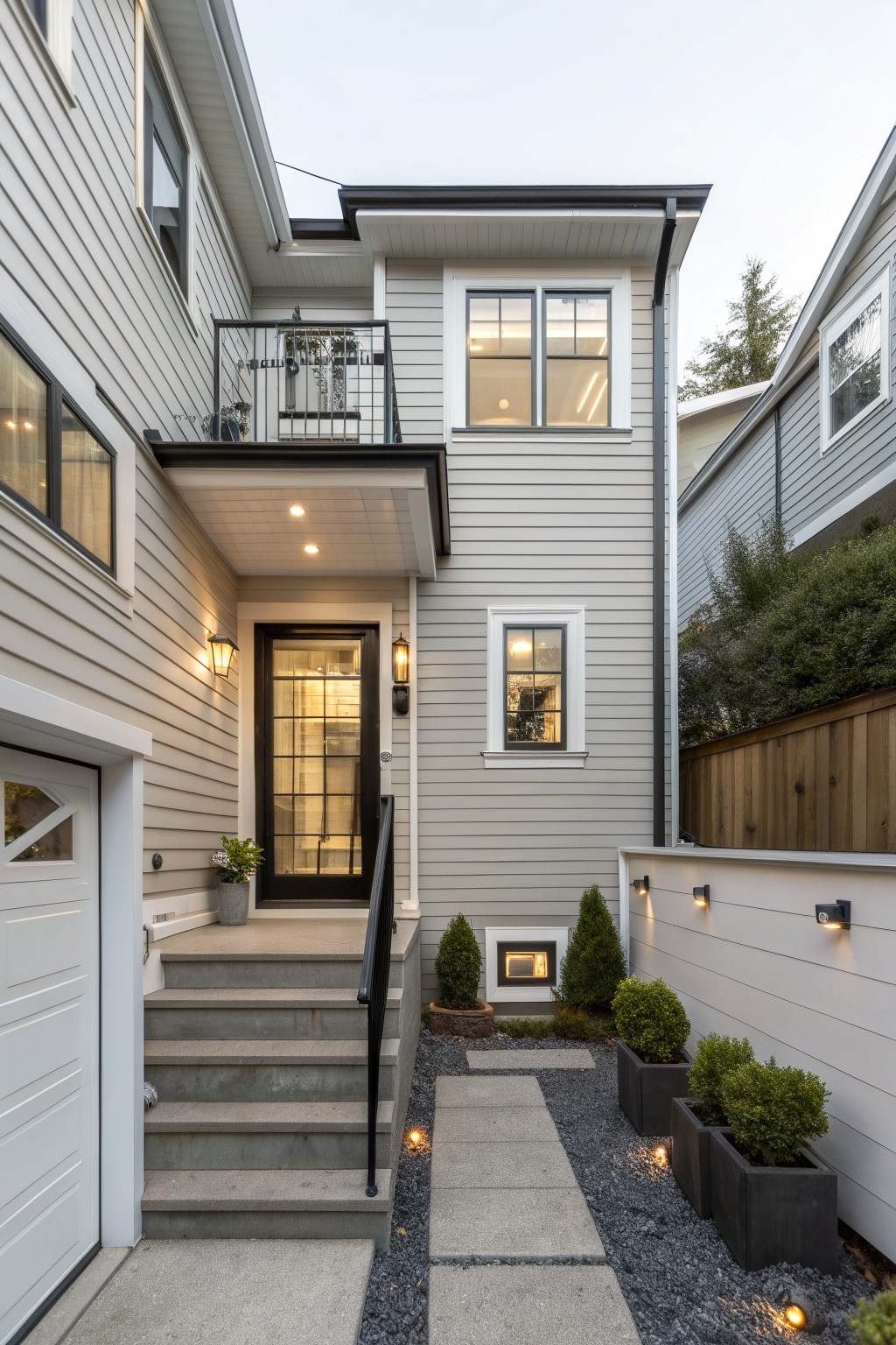 Side view of a two-story light gray clapboard house with attached garage, concrete steps and black metal railing leading to a tall black-framed glass entry door, upper balcony, boxwood shrubs in black planters, gravel pathway, and landscape lighting.