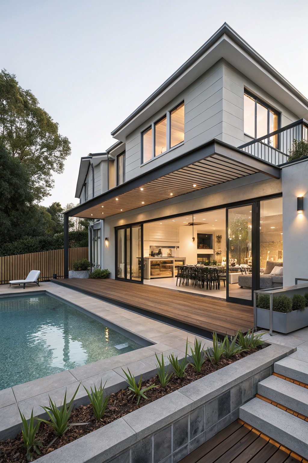 Light gray modern house exterior at dusk with large black-framed sliding glass doors opening from interior kitchen and dining area to a wooden deck adjacent to a rectangular pool edged in concrete and agave plants, with trees and fence in the background.