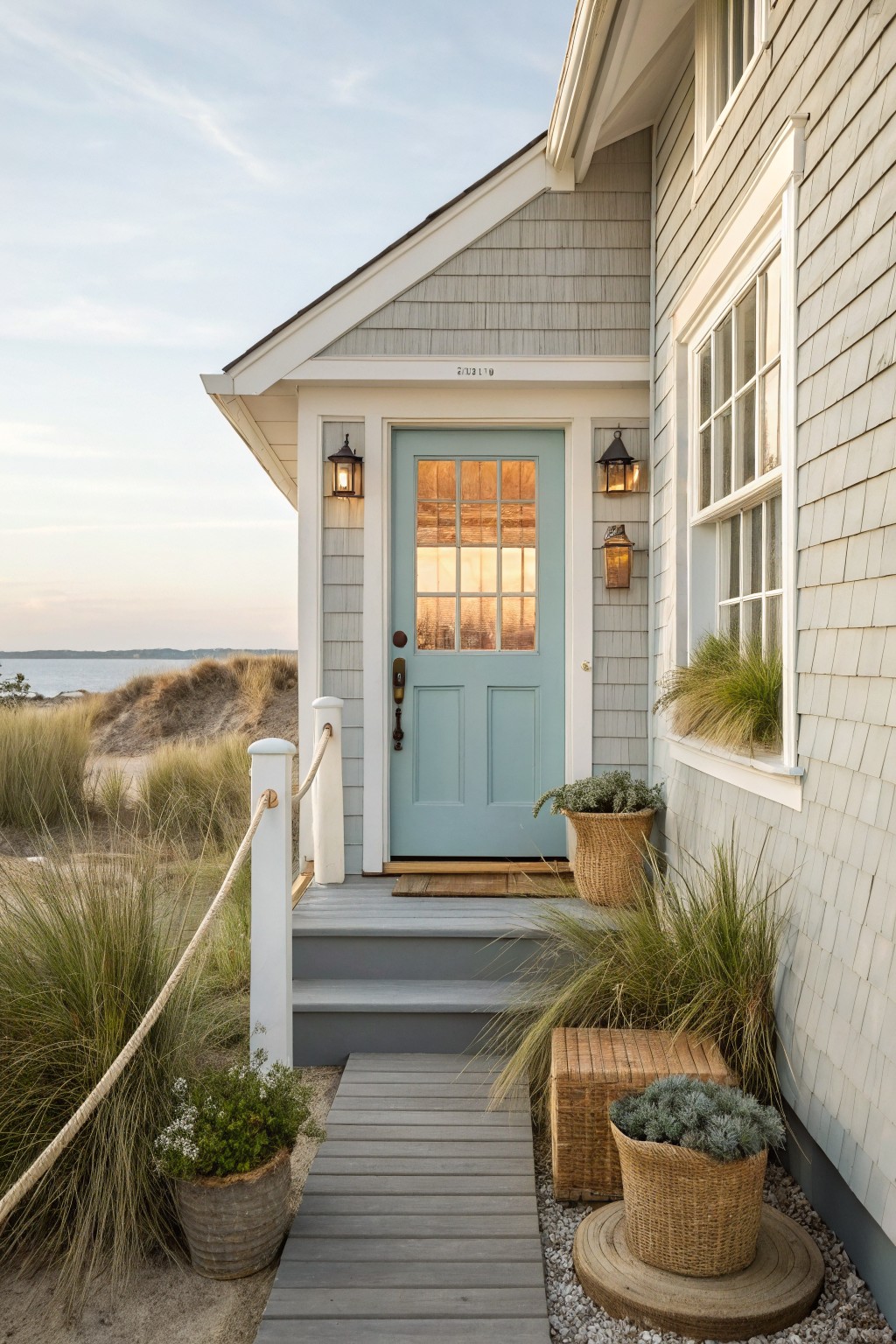 Corner view of a light gray shingled house with a turquoise blue paneled front door flanked by lanterns, white rope railings on gray steps, wicker planters with grasses and succulents, beach dunes and ocean in background.