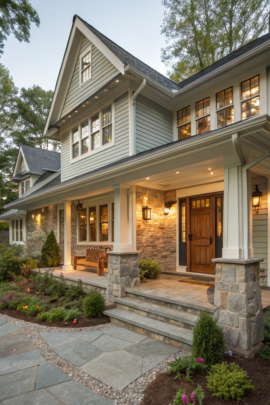 A two-story light gray clapboard house exterior featuring a covered front porch with stone columns and pillars, wooden double doors, multiple windows, and landscaped plantings along the stone steps and path.