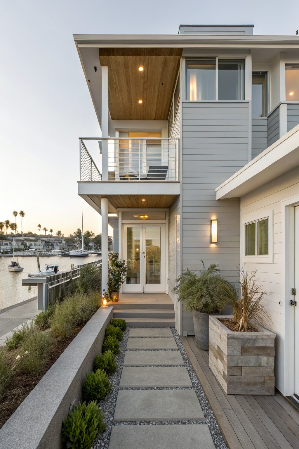 Modern two-story house exterior featuring light gray horizontal siding, wood balcony with railing, wood ceiling overhang, glass entry doors, stone pathway, potted plants, and waterfront view with boats and palm trees.