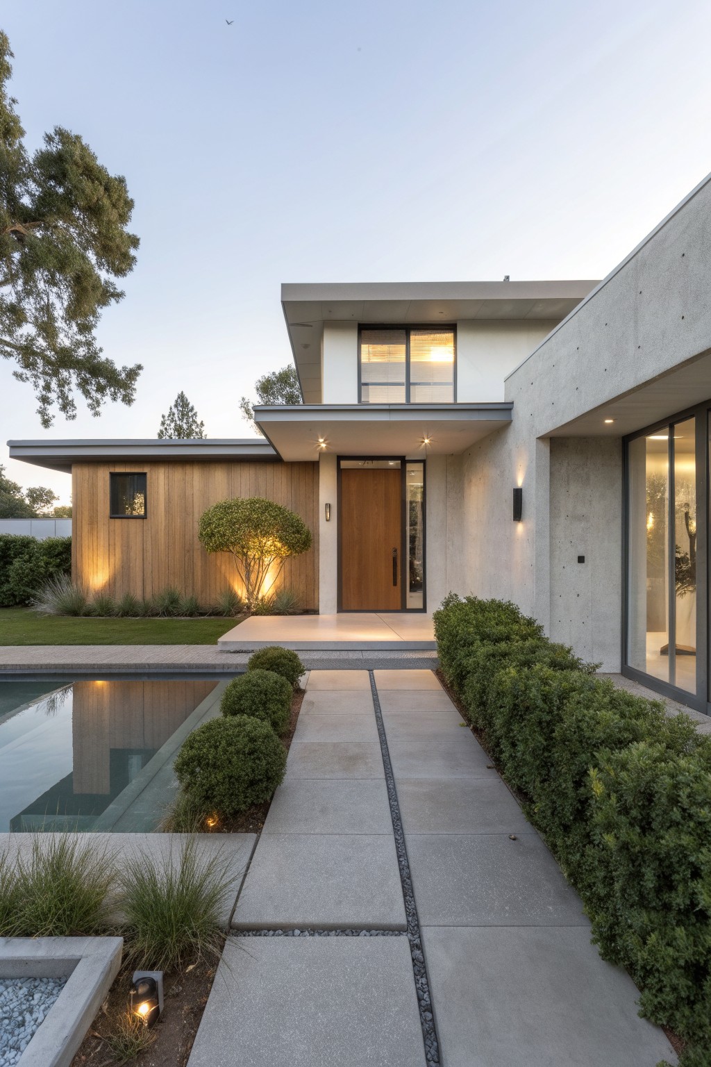 Contemporary two-story house exterior at dusk with light gray concrete walls, wood vertical siding on lower section, prominent wooden front door under cantilevered overhang, concrete pathway from rectangular pool edged in stone, boxwood hedges, grasses, and oak trees.