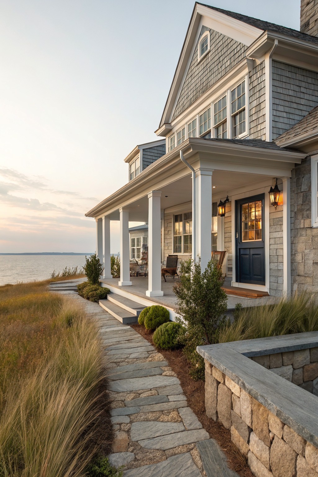 Light gray shingled two-story house exterior with white columned front porch, dark blue paneled door, stone pathway, low shrubs, and tall grasses leading from a waterfront lawn at dusk.