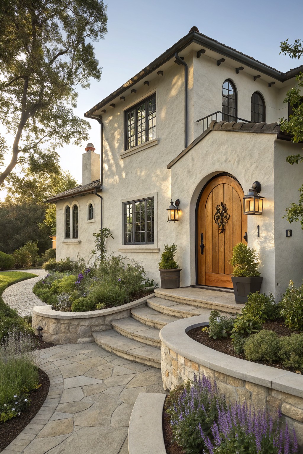 Light beige stucco house exterior featuring a large arched wooden front door with wrought iron knocker, flanked by lanterns and potted plants, with stone steps and a curved flagstone pathway bordered by low plantings.