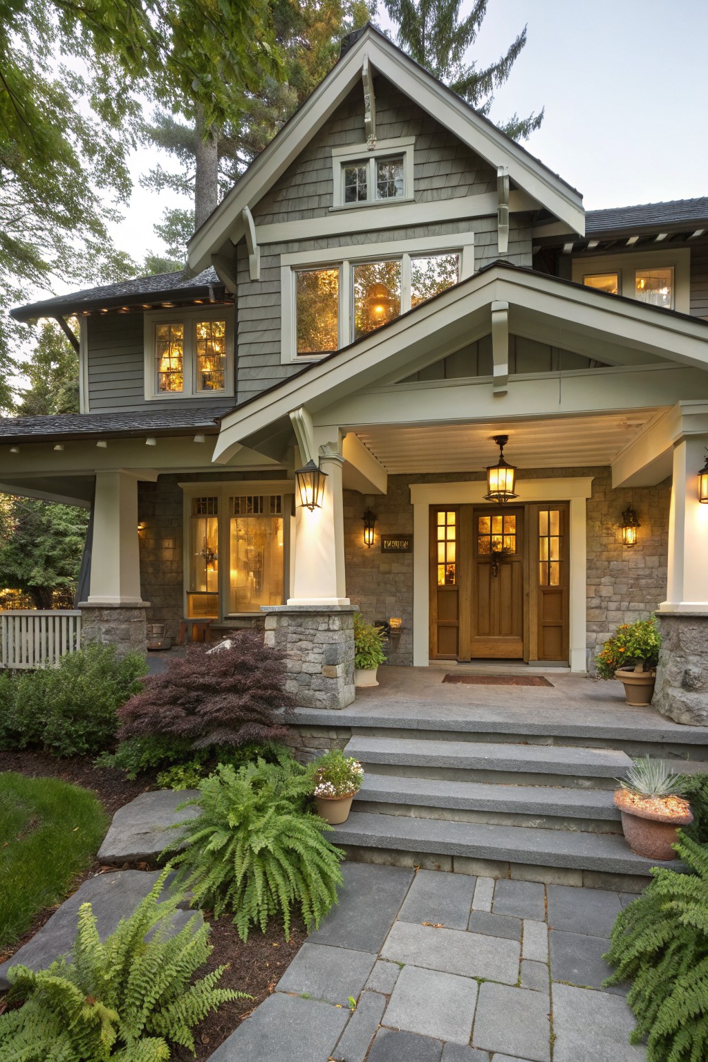 A two-story light gray shingle house with a covered front porch supported by stone pillars, wooden entry door, hanging lanterns, wall sconces, and steps with potted plants leading to the entrance amid landscaping.