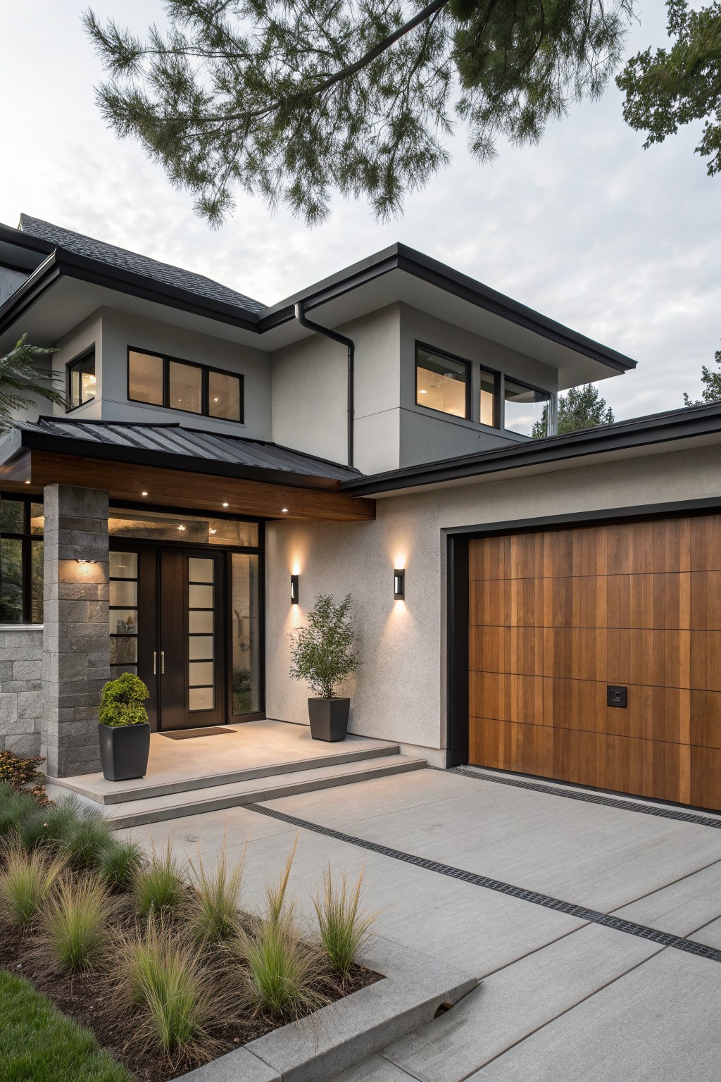 Wood Garage Door on Light Gray House