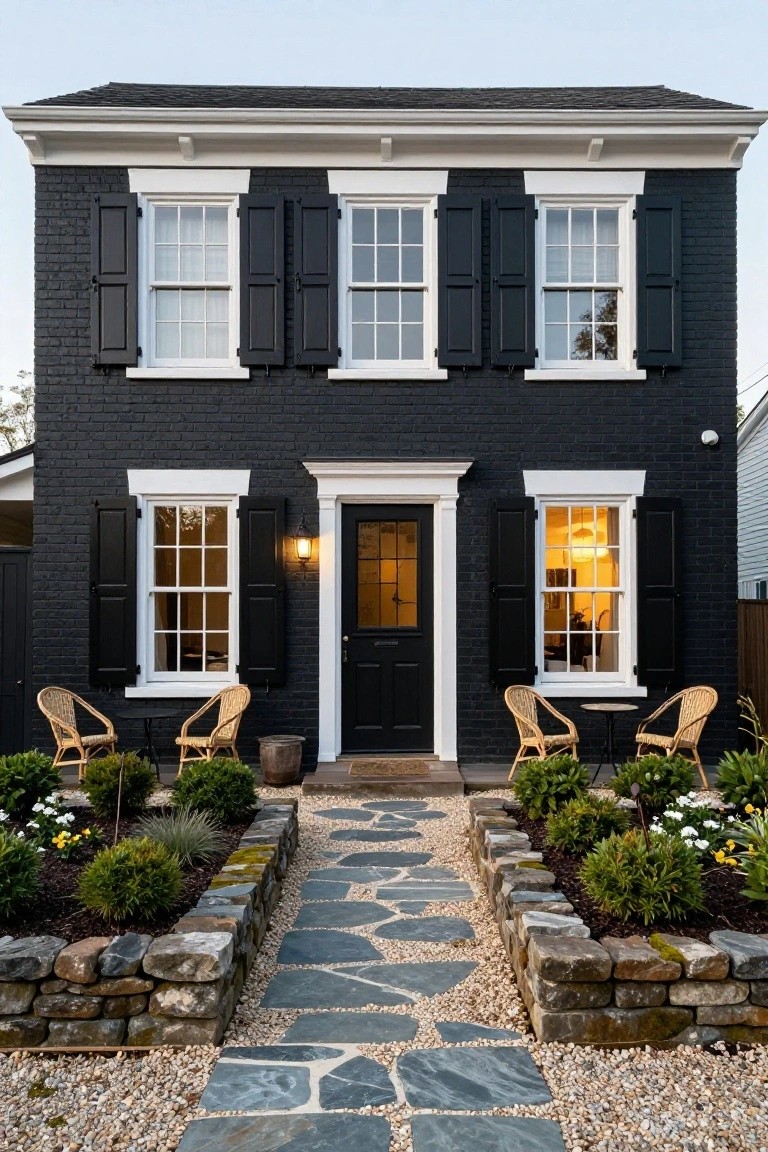A two-story black brick Cape Cod house with white trim on windows and roofline, black shutters, dark front door, rattan chairs on a gravel path lined with stone walls and low plants.