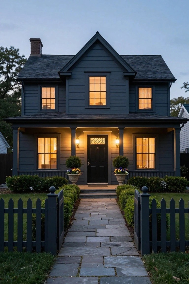 Dark gray clapboard Cape Cod house exterior at dusk with lit multipane windows, black front door flanked by lanterns, stone walkway, boxwood shrubs in urns, and black picket fence.