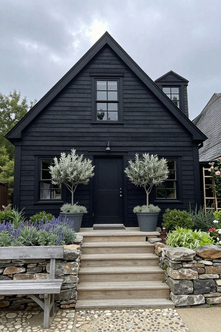 Black shingled Cape Cod house exterior with dark front door flanked by two potted olive trees, wooden steps, stone retaining wall, lavender plants, and gravel path.