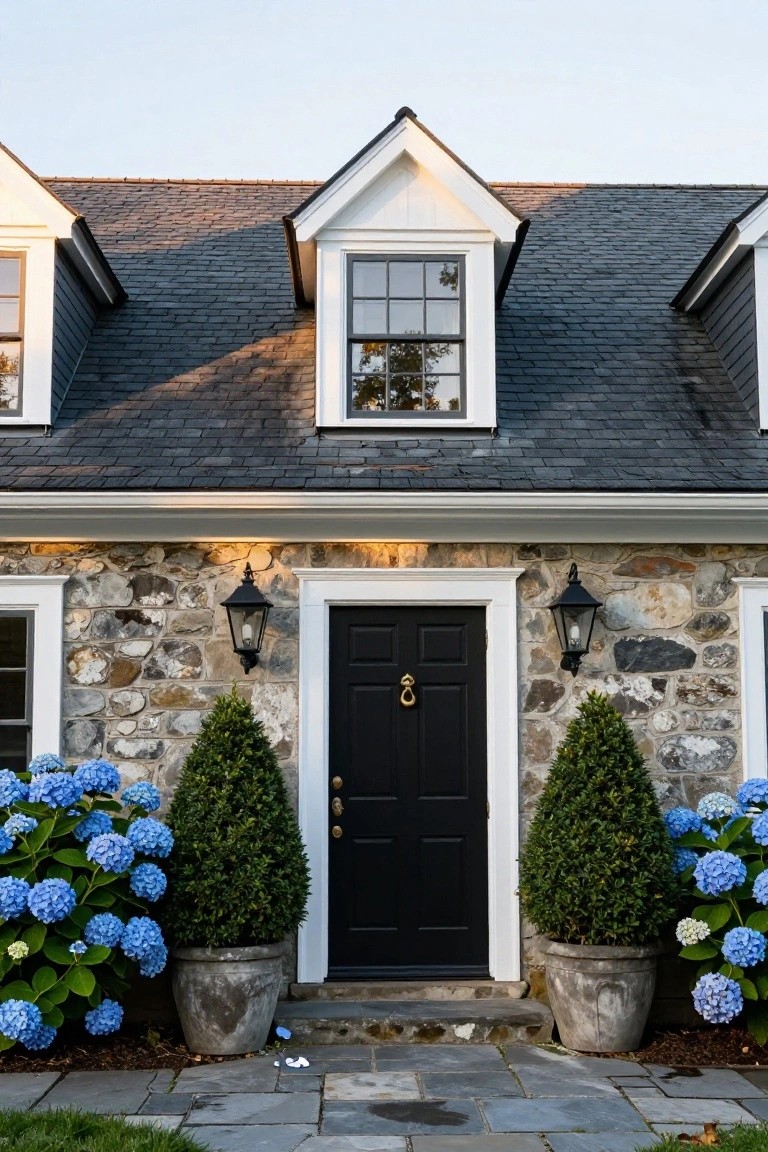 Cape Cod style house exterior with fieldstone walls, black paneled front door, white trim, dormer windows, slate roof, flanked by potted blue hydrangeas and boxwood shrubs, with black lantern lights on stone walls.