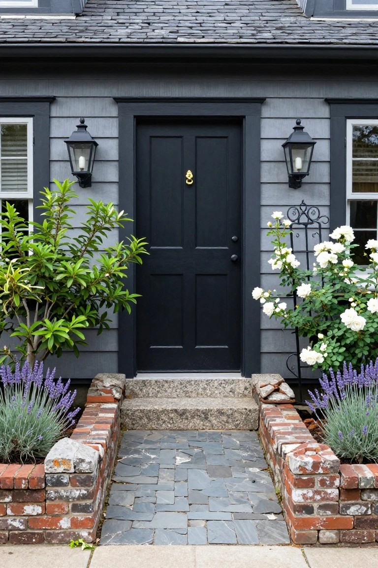 Gray shingled Cape Cod house facade with centered black paneled front door, brass knocker, matching wall lanterns, stone steps, brick-edged planters with lavender, and white climbing roses on trellises.