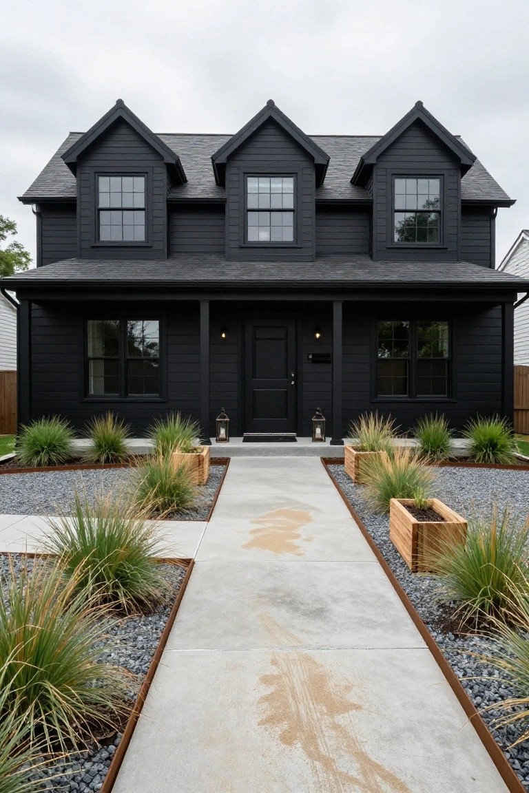 A black clapboard Cape Cod house with gabled slate roof, black-framed multipane windows, covered front porch with black door and lanterns, surrounded by gravel landscaping beds planted with ornamental grasses in wooden boxes along a concrete path.