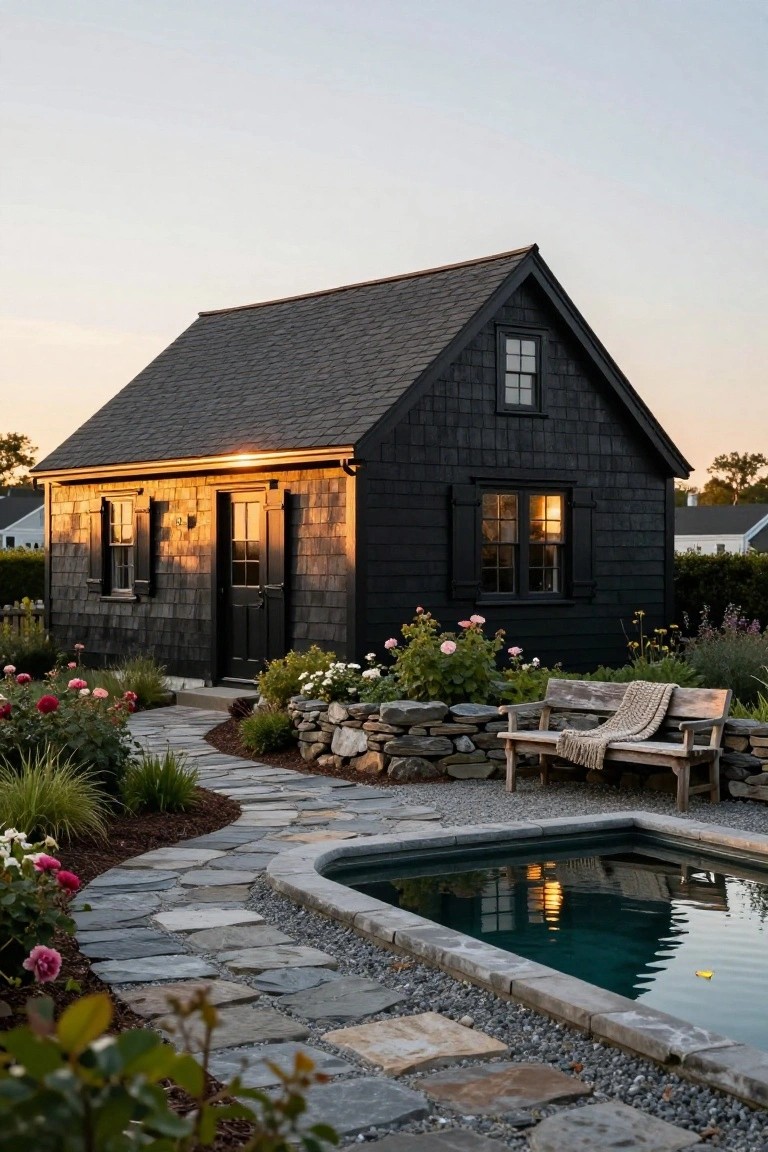Small black shingled Cape Cod style house at dusk with lit windows, surrounded by flower beds, a wooden bench on a stone wall, winding flagstone path, and an in-ground pool.