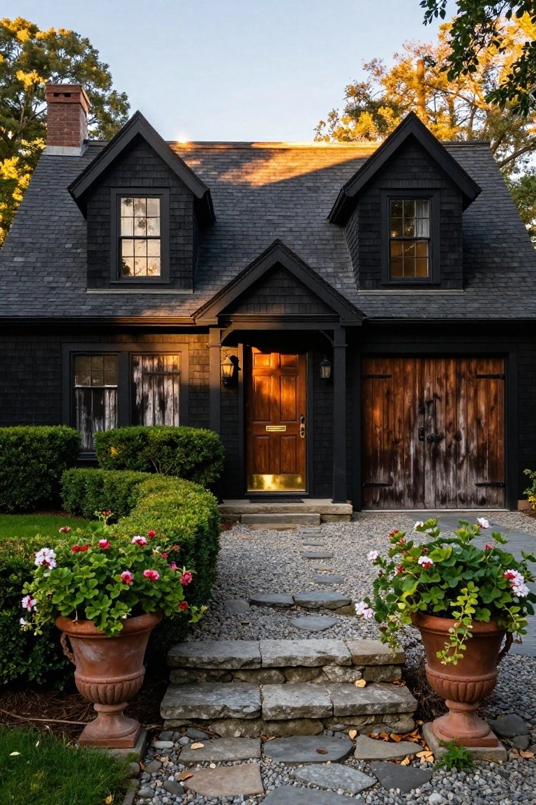 Black shingled Cape Cod style house exterior with gabled roof, wooden front door and garage door, stone steps to entry flanked by boxwood hedges and terracotta pots of pink geraniums, gravel path, and surrounding fall foliage.