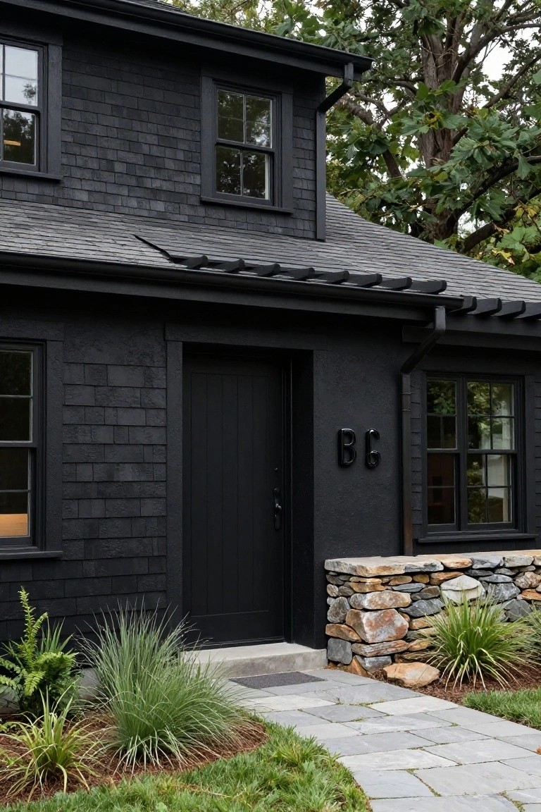 A black shingled Cape Cod house exterior featuring a dark front door labeled 'BG', black-framed windows, a stone retaining wall with plants, and a bluestone path to the entry.