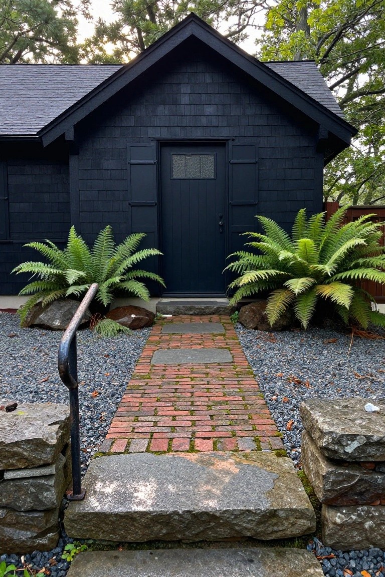 Black shingled Cape Cod style house exterior featuring a dark wood door flanked by ferns, a brick pathway, stone steps with metal handrail, gravel ground cover, and large rocks.