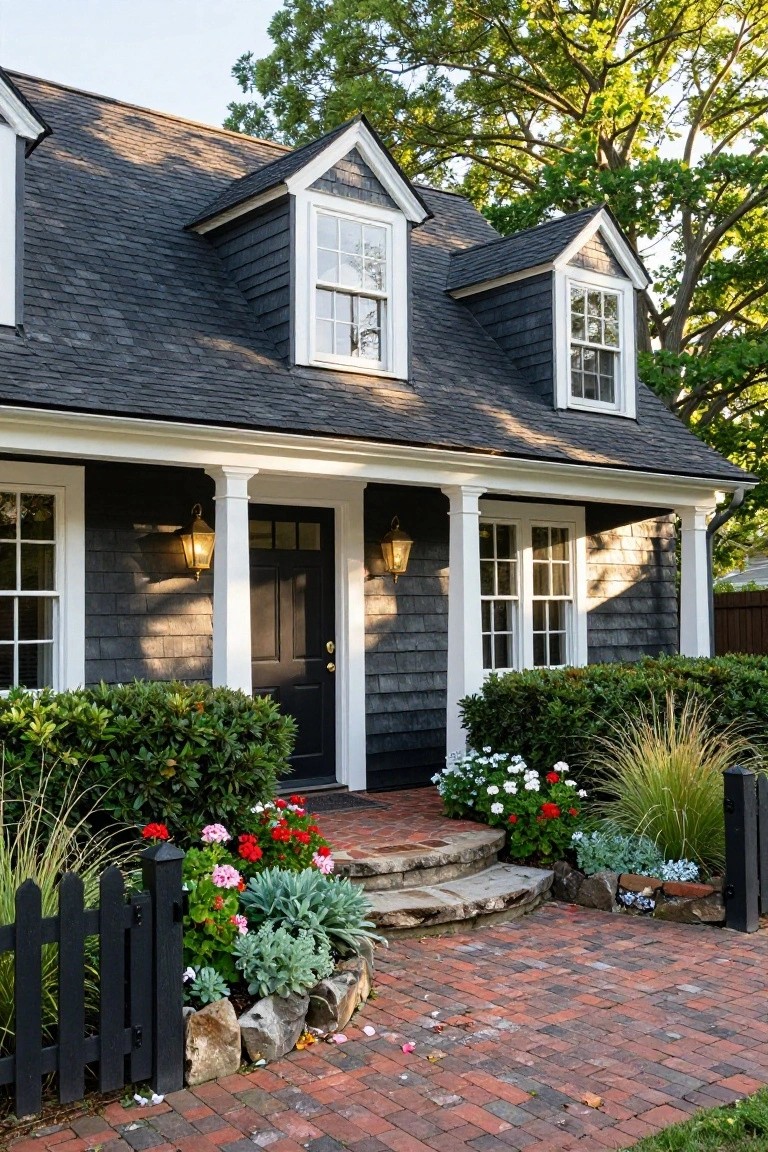 Cape Cod style house with dark gray shingle siding, white trim and columns on the front porch, black door, lanterns, boxwood shrubs, flowers, and a brick pathway.