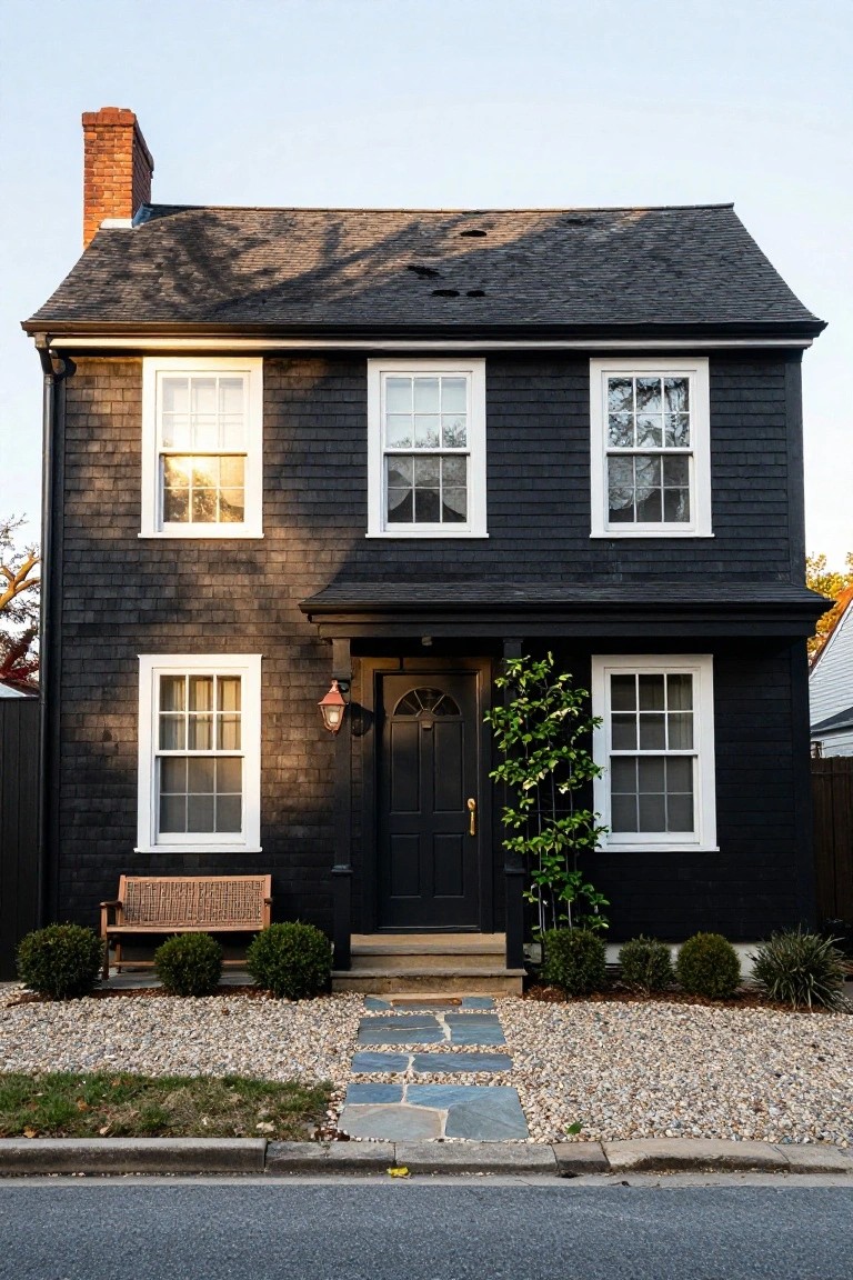 Front view of a black shingled Cape Cod house with symmetrical white-framed windows, dark wood door, copper lantern, wicker bench, boxwood shrubs, gravel yard, and stone path.