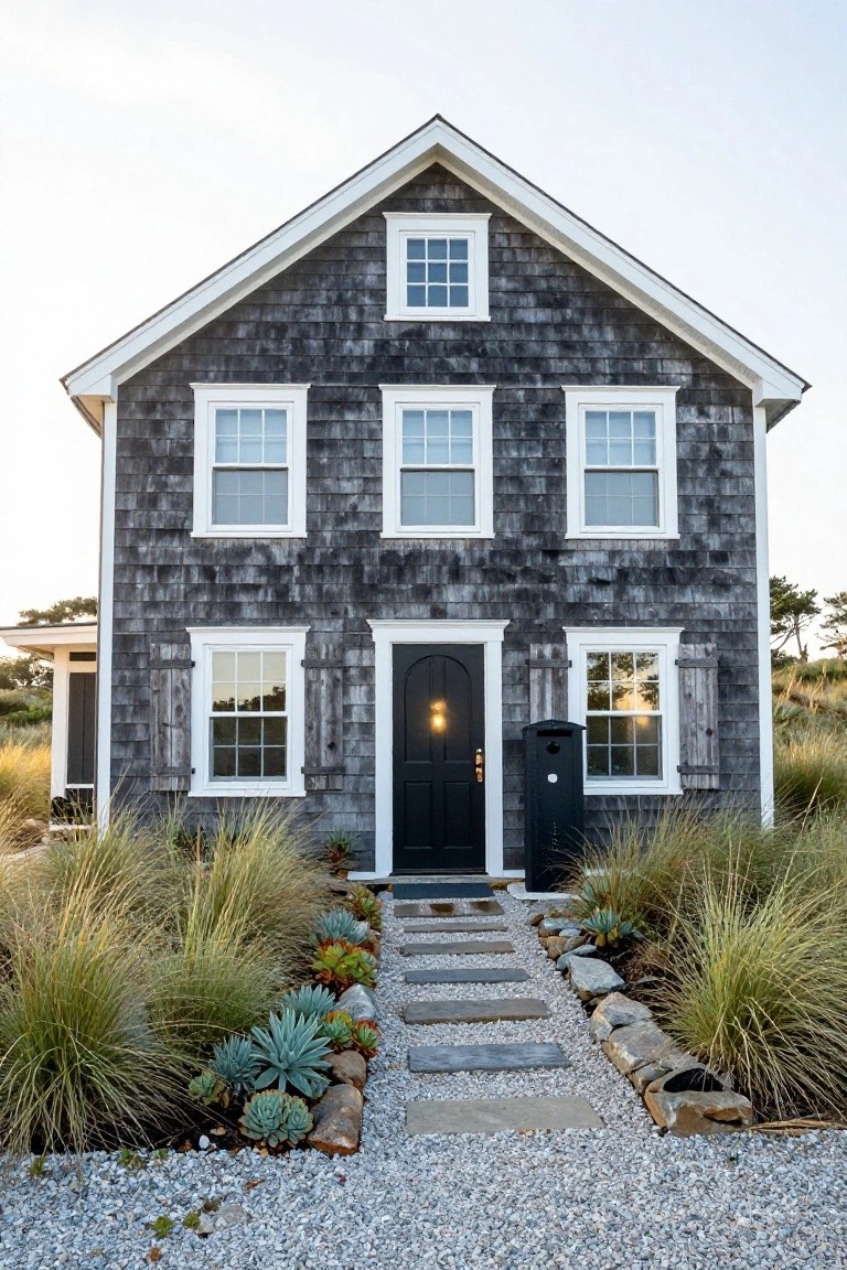 Two-story Cape Cod house with dark gray shingle siding, white trim on multiple windows, black front door, stone pathway edged with grasses and succulents on gravel ground.