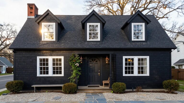Front view of a black shingled Cape Cod house with symmetrical white-framed windows, dark wood door, copper lantern, wicker bench, boxwood shrubs, gravel yard, and stone path.