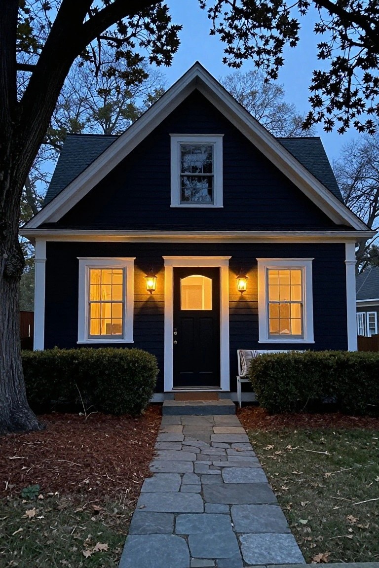 Dark navy Cape Cod house exterior at dusk with warm yellow light glowing from flanked entry lanterns, front door, and windows, stone pathway leading to entry, shrubs on sides, and trees overhead.