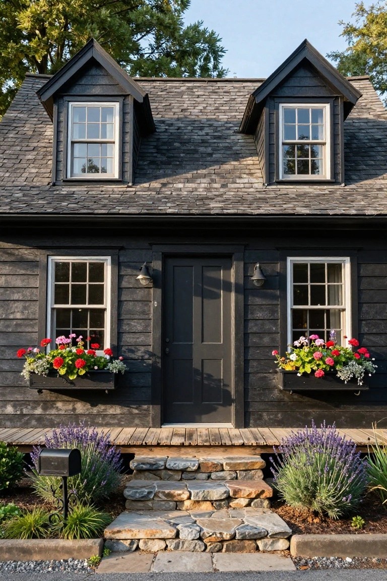 Black shingle-clad Cape Cod house with gabled dormers, white-framed windows with flower boxes of pink and red geraniums, dark front door, lantern lights, wooden porch, stone entry steps, lavender shrubs, and mailbox in the front yard.