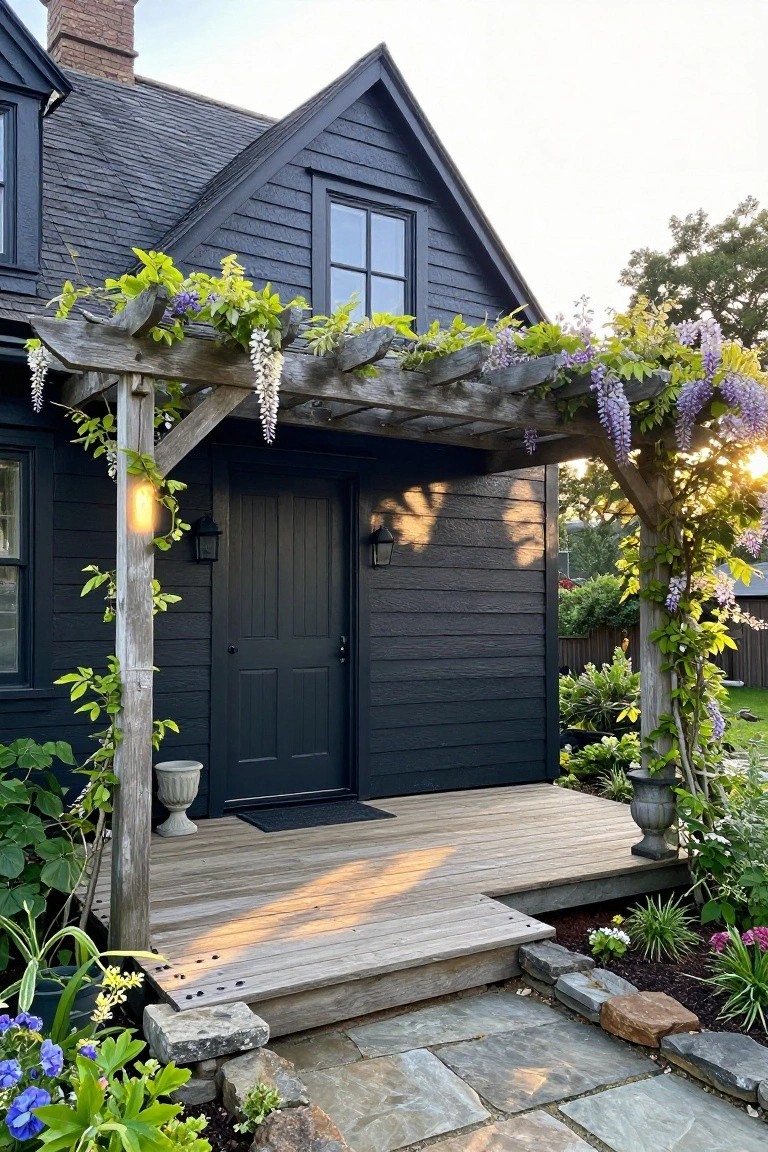 Black shingled Cape Cod house exterior with wooden pergola covered in purple wisteria over the entry porch and dark door, flanked by lanterns and garden plants on stone steps.
