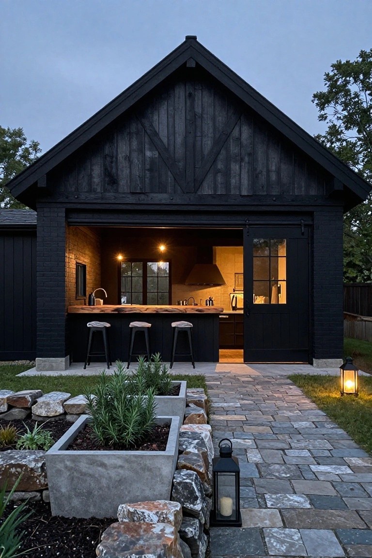 Black wooden barn-style building with gabled roof and open sliding garage door revealing indoor kitchen bar with wood countertop, bar stools, sink, and cabinets, surrounded by concrete planters with herbs, rock walls, paver pathway, and lanterns.