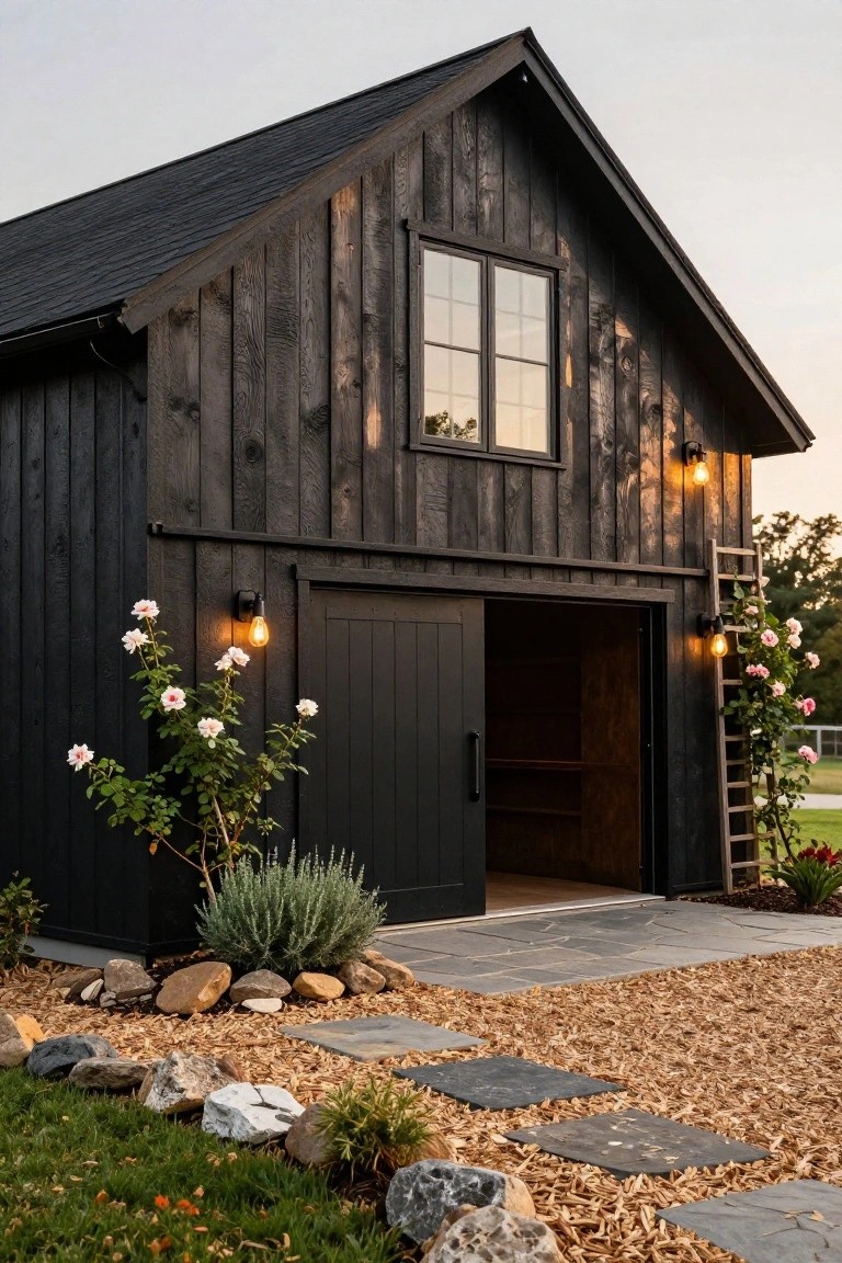 Black charred wood gabled shed with open sliding barn door, double-hung window, ladder with climbing pink roses, wall-mounted lantern lights, stone path, rocks, mulch, lavender, and grass in front at dusk.