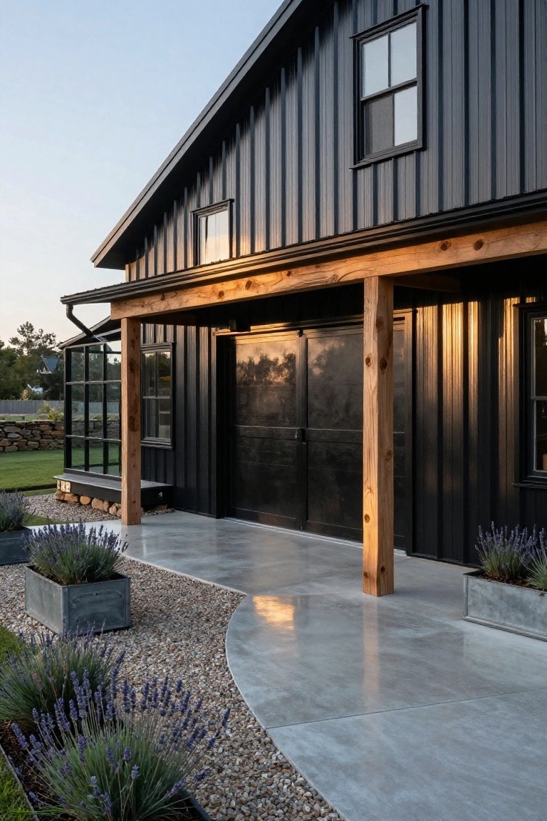 Black corrugated metal-sided barn-style house exterior with wooden porch beams and posts, large black sliding doors, glass sunroom extension, concrete patio with gravel path, and lavender in metal planters.