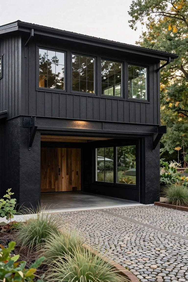 Two-story black board-and-batten garage building with open wooden garage door, large multi-pane windows, and pebbled driveway edged by grasses and plants.