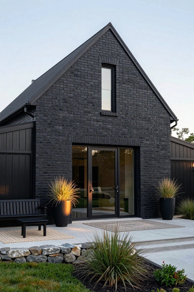 Black brick house with tall gabled roof, black-framed double glass entry doors, flanked by large potted grasses, black bench and table on concrete patio with stone retaining wall and low plantings.