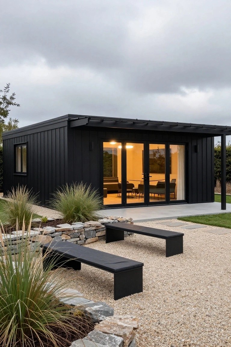 A small rectangular black-clad outbuilding with a covered overhang, large glass doors, patio with black benches, gravel paths, stone walls, ornamental grasses, and a lawn in a backyard setting under cloudy skies.