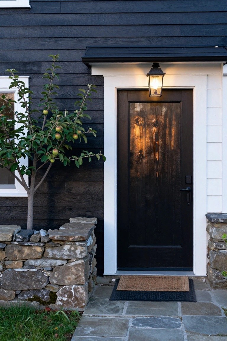 Front door of a house featuring black horizontal siding, white trim around the door and window, dark wood door with glass panel, black metal lantern light above, small apple tree next to stone pillars, and stone steps with a door mat.