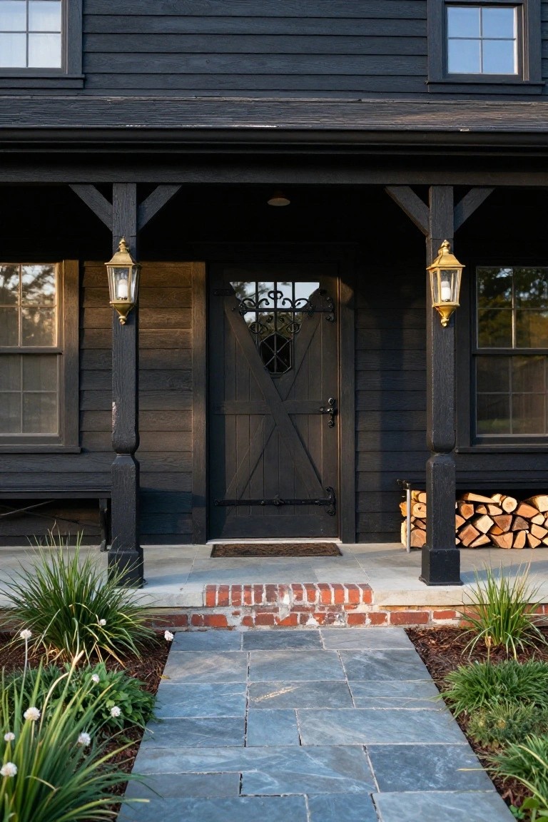 Front exterior of a black shingle house with centered black paneled door featuring glass insert and wrought iron X-brace, gold lanterns on porch posts, firewood stack, brick steps, and slate pathway bordered by plants.