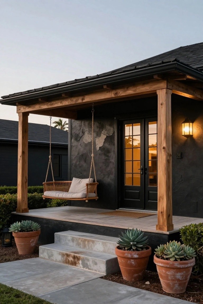 Front exterior of a black stucco house with wooden porch posts, rope-suspended rattan swing with cushions, concrete steps, terracotta pots of agave plants, and black double doors under a covered porch.