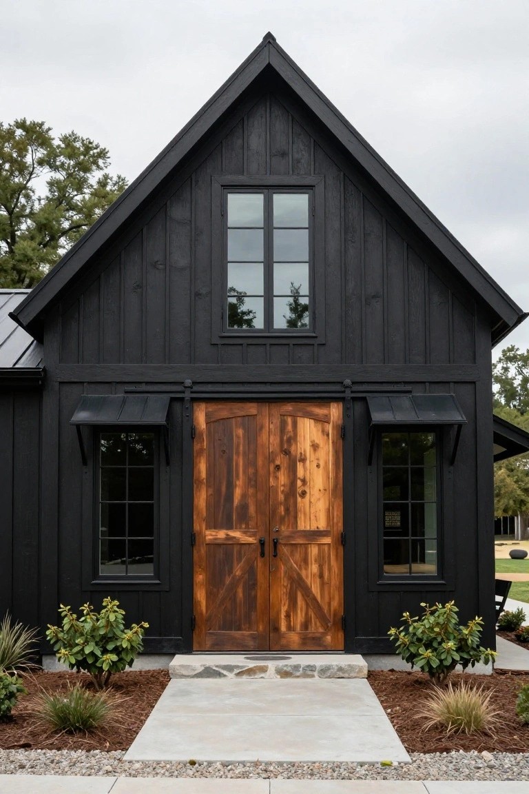 Black-stained vertical board-and-batten siding on a gable-roofed house with double natural wood entry doors, flanked by windows under metal awnings, concrete entry path, and low shrubs with mulch beds.